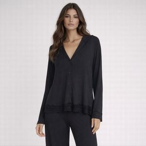 La Perla Black Lace Trim Long Sleeve Button Front Pajama Top New Size M